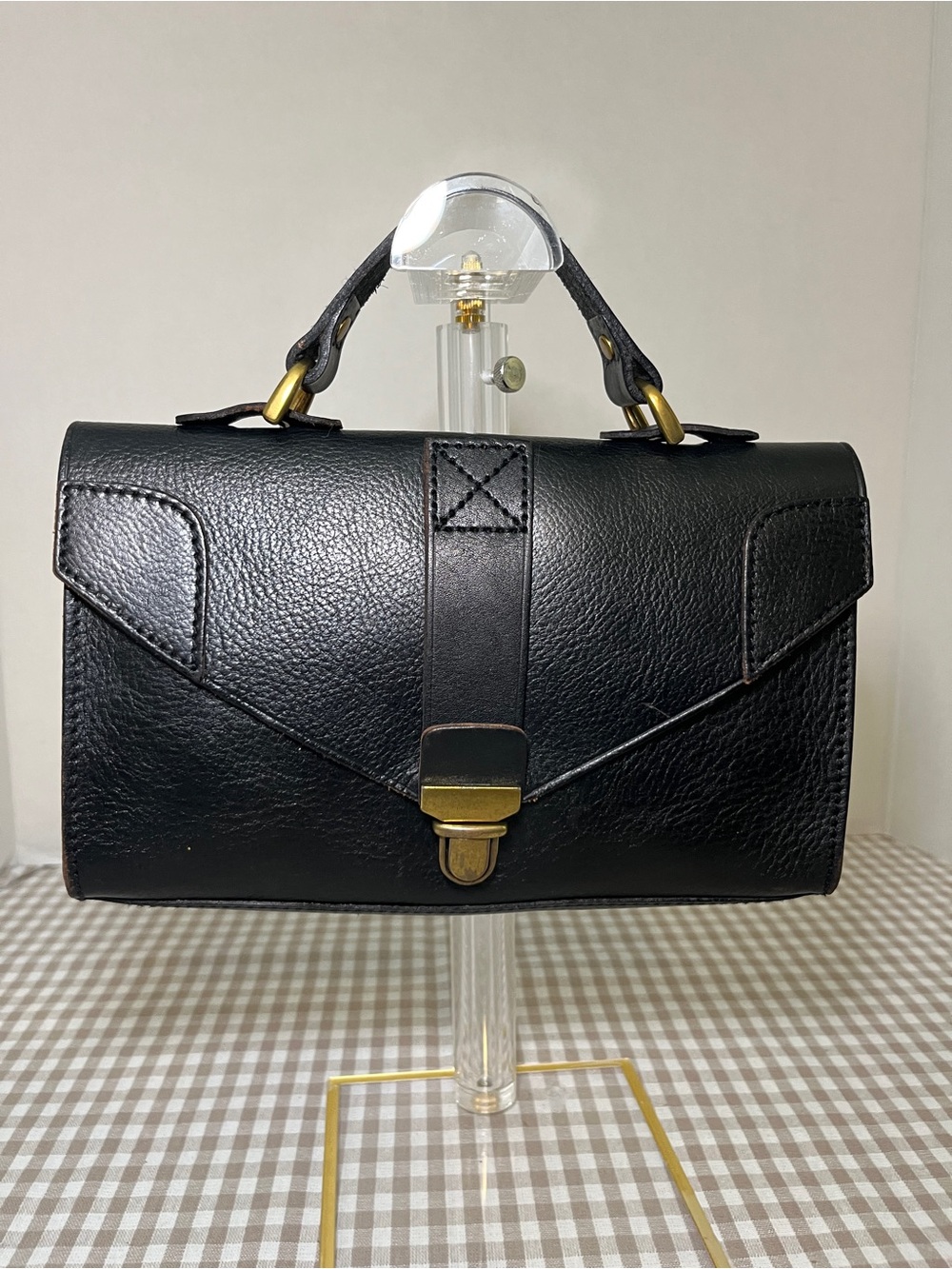 Madewell Black Leather Flap Closure Mini Tote with Brass-tone Hardware